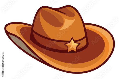 Cartoon cowboy hat featuring a gold sheriff star emblem sits against a white background