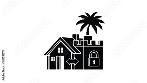 Black and white illustration of a secure house with palm tree and castle wall, symbolizing safety and protection