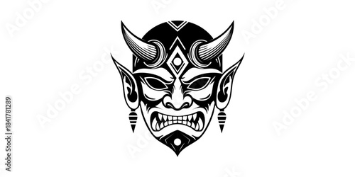 Blocky tribal oni mask, bold black silhouette, simplified facial shapes, thick outlines, 
