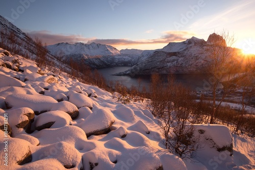 Winter tale fjord view to the coastal village of Fjordgard and the Ornfjorden.