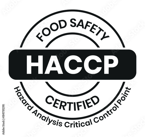 HACCP Hazard Analysis Critical Control Points, Food Safety system, logo, badge, icon, sticker, label, emblem, stamp, symbol, green, golden, flat vector, isolated illustration. HACCP Certified