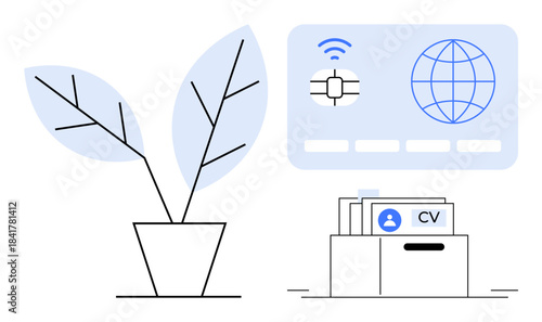 Connectivity concept. Connectivity with global networks, CV management for digital applications, and nature to highlight sustainability. Suitable for online networking, HR, tech systems, eco