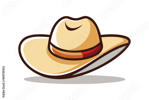 A beige cowboy hat is designed with a brown outline and colorful band