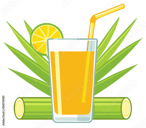 Refreshing sugarcane juice with lime slice and drinking straw surrounded by green stalks and leaves, vector illustration
