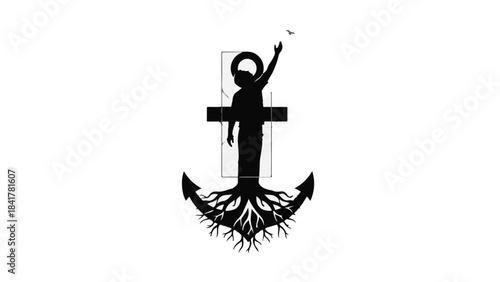 Silhouette of person standing on anchor with roots, symbolizing stability and strength, with raised arm and bird flying overhead, representing freedom and empowerment