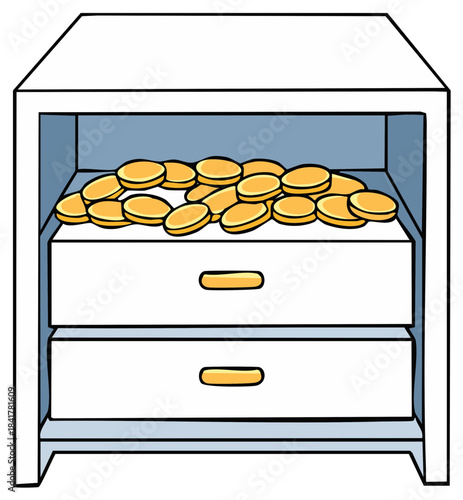 Open nightstand drawer overflowing with gold coins, storage of money, wealth illustration, bedroom furniture concept