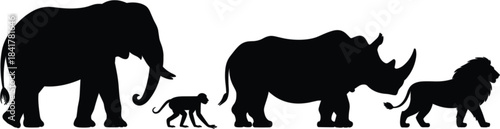 Wild animal silhouettes illustration, elephant monkey rhino lion, African wildlife, profile view, black shapes, nature theme, vector graphic