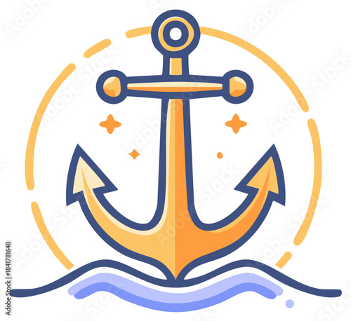 Golden anchor graphic design with wavy water and sparkling stars in a circular frame