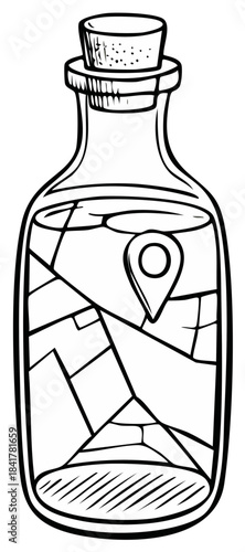 Corked glass bottle with map and location pin illustration