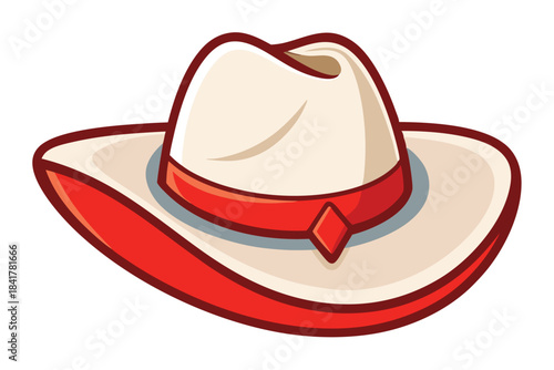 Animated western hat with a red band and diamond shape embellishment is isolated