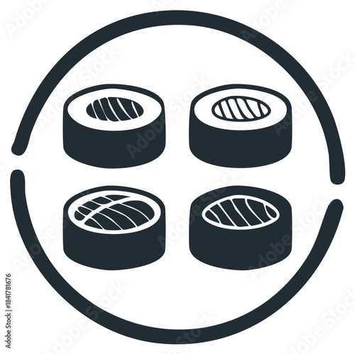 Minimalist icon of four sushi rolls in a circular frame, representing Japanese food or restaurant menu.