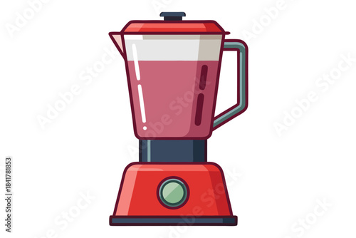 A red and white blender with liquid sits against a plain background