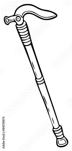 Black and white outline vector drawing of an ornate vintage walking stick