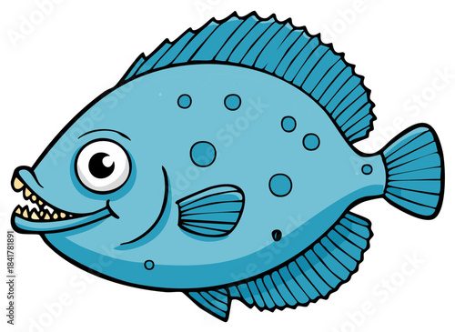Cartoon blue fish with a toothy grin.