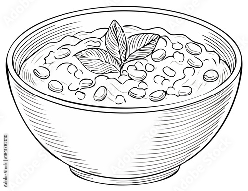Hand drawn illustration of a bowl of bean soup with basil garnish