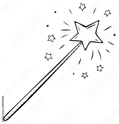 Hand drawn magic wand with a sparkling star tip sketch line art illustration