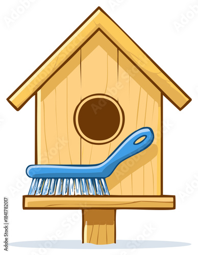 Wooden Birdhouse and Blue Brush Cleaning Nesting Box Illustration Cartoon Style Design