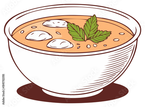 Delicious soup in a bowl with dumplings and fresh mint leaves as garnish