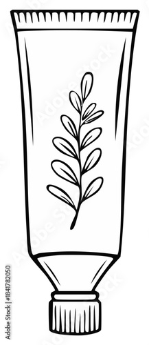 Line Art Illustration of Organic Cream Tube with Botanical Leaf Design