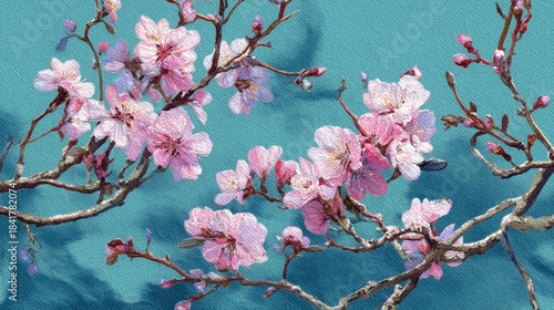 Delicate cherry blossoms grow on thin branches showcasing pink flowers against a bright blue background. The scene captures the essence of spring in a garden.
