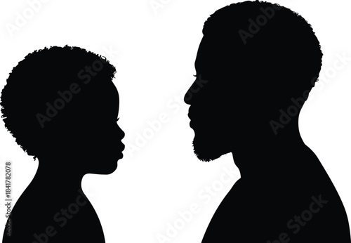 Child and adult silhouette illustration, face-to-face profile, generational connection, family theme, mentorship moment, expressive pose, vector graphic