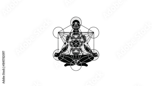 Meditating woman in lotus position surrounded by sacred geometric shapes and lines in black and white illustration for spiritual wellness concept