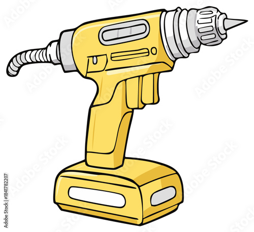 Yellow cartoon cordless drill with battery pack and pointing bit