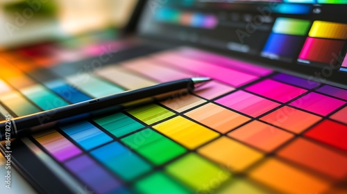 Close-up of color swatches and a stylus on a digital tablet.