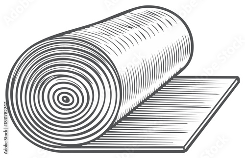 Unrolling material roll line art illustration in vintage woodcut style