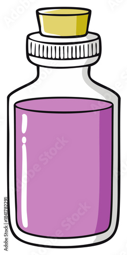 Filled Glass Bottle with Stopper, Purple Liquid, Isolated on White, Hand Drawn Illustration Style, Pharmaceutical Vial with Remedy
