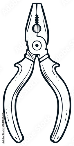 Handdrawn illustration of combination pliers with detailed jaws and handles