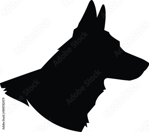 Dog head silhouette illustration, profile view, upright ears, pointed snout, black shape, pet icon, animal graphic, vector art
