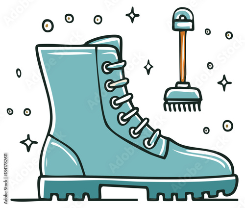Cleaning Tools and Work Boots Doodle Style Cartoon Hygiene Supplies