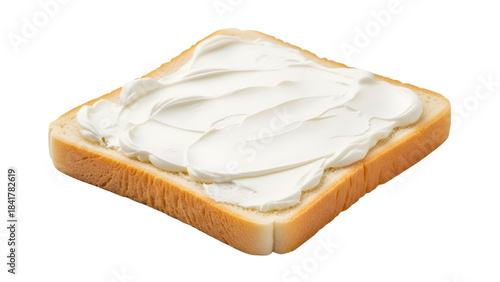 White bread slice with cream cheese spread isolated on a white background