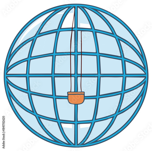 Abstract illustration of a global network with an elevator car inside a wireframe sphere