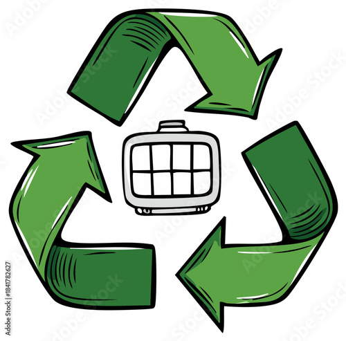 Cartoon Recycle Symbol with an Old Television inside for Technology Recycling