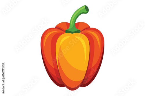 An orange bell pepper with a green stem sits against a stark white backdrop