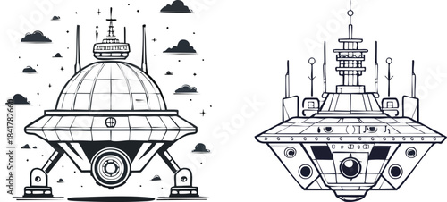 Spaceship control module outlined with bold lines featuring antenna details and central command inspired structure