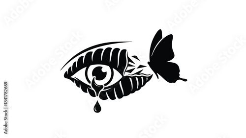 Black and white eye with butterfly and leaf, surreal illustration, symbolic concept, artistic design element, creative visual representation