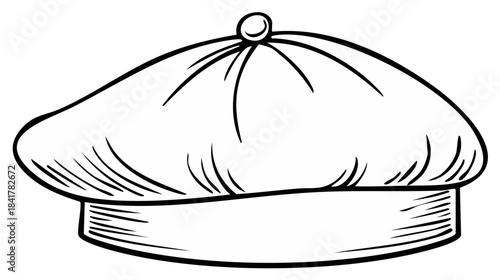 Classic French artist beret hat in a black and white cartoon vector line art style
