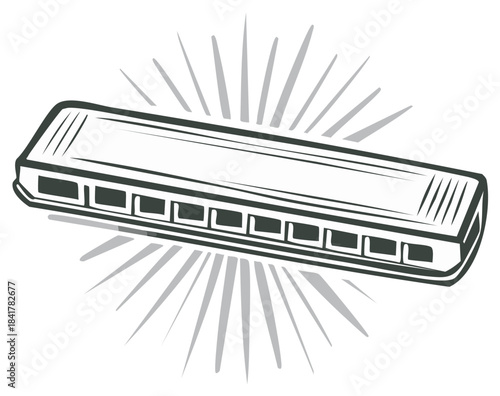 Harmonica illustration with sunburst design musical instrument.