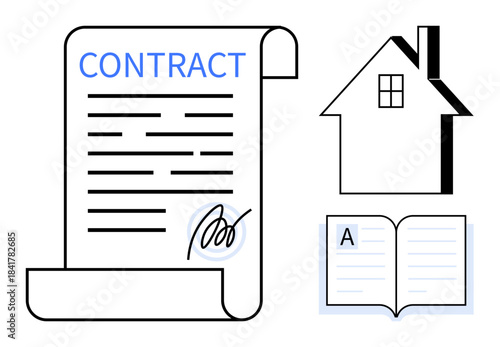 Real estate, legal documentation, property management, agreements, business transactions, and education. A signed contract alongside a house and an open book icon. Real estate and legal documentation