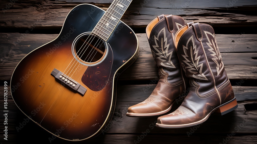 Fototapeta premium Acoustic guitar and worn leather cowboy boots resting against a rustic wooden background evoking country music and western lifestyle themes