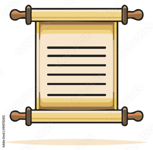 Ancient unrolled parchment scroll with wooden handles vector cartoon illustration