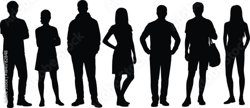 Diverse standing people silhouette collection featuring casual poses, modern characters, lifestyle figures and detailed vector outlines for creative design projects