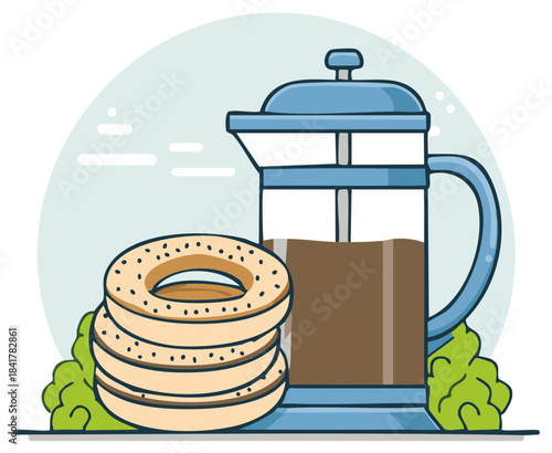 Flat illustration of a stack of bagels next to a French press coffee maker with green garnishes