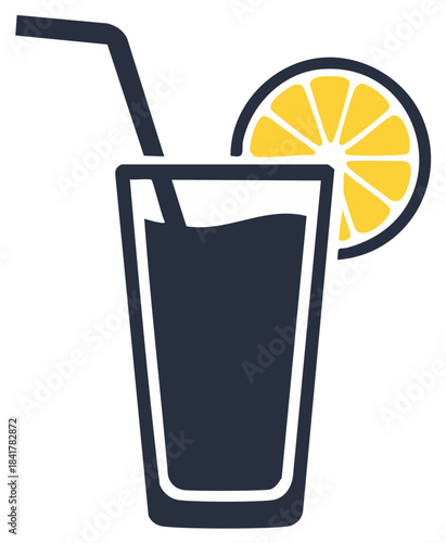 Refreshing drink in tall glass, lemon slice garnish, straw vector graphic illustration