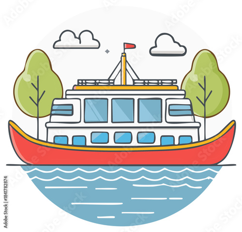 Flat design vector illustration of a passenger boat on water with trees and clouds.
