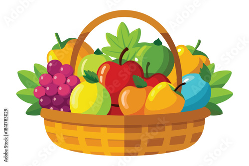 A brimming wicker basket is loaded with colorful apples, pears, leaves and grapes