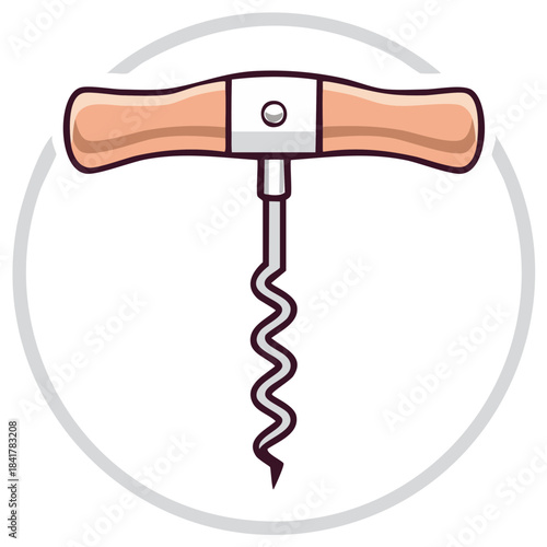 A classic corkscrew with a wooden handle and metal screw shown as a vector illustration icon